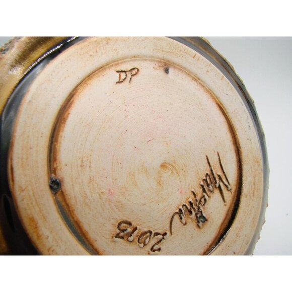 Handmade Artist Signed Pottery Bowl Planter Pot Jar Carved Cactus Decor Browns - Picture 8 of 12